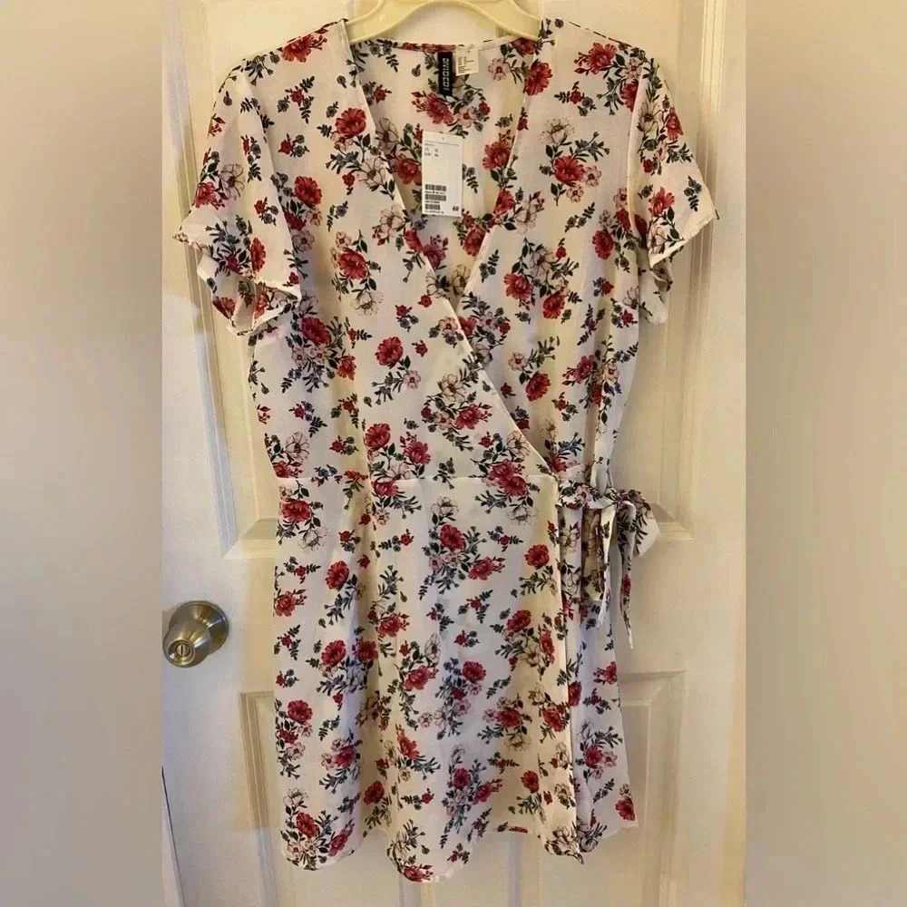 H&M Divided White Floral Colorful Wrap Dress Size 12
